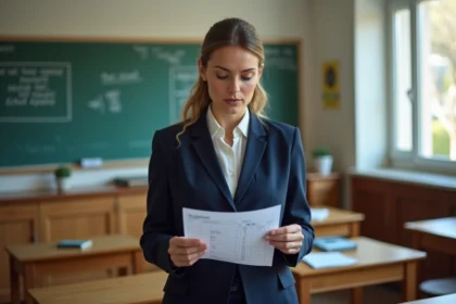 Enseignante de l'éducation nationale consultant sa fiche de paie dans une salle de classe française