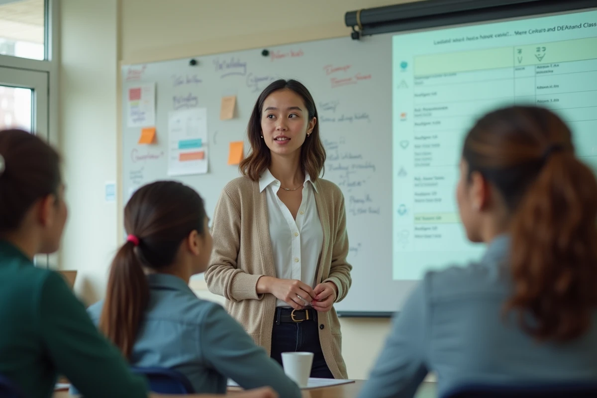 Jeune enseignante discutant avec étudiants dans classe