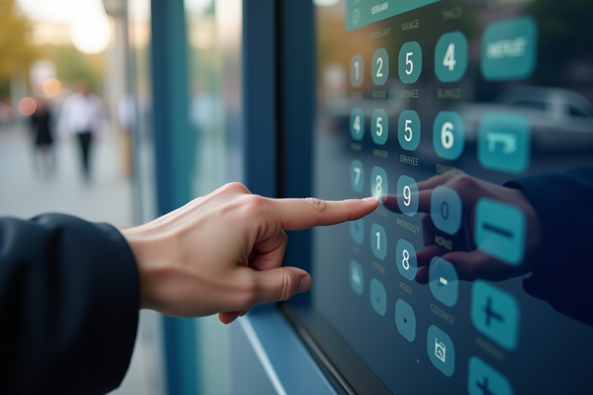 Main entrant un code PIN sur un distributeur automatique en plein jour