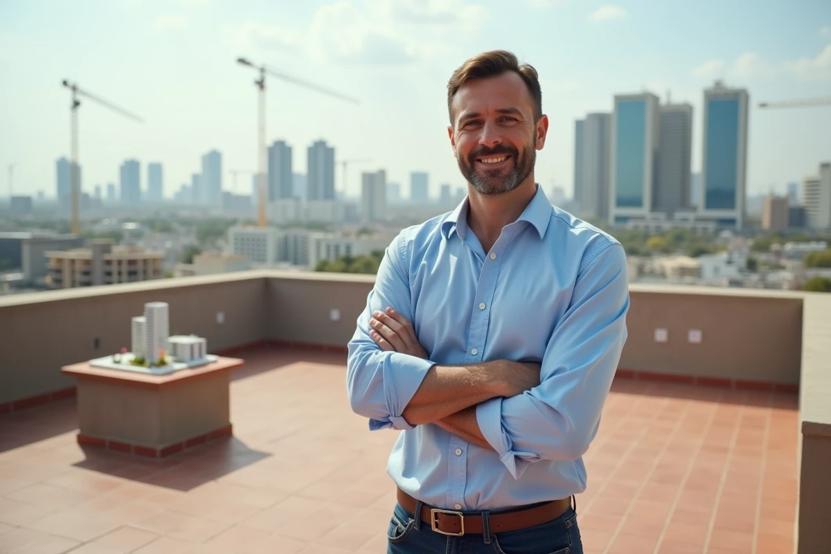 Entrepreneur multimillionnaire sur une terrasse avec vue sur une skyline urbaine évoquant ses investissements immobiliers et business