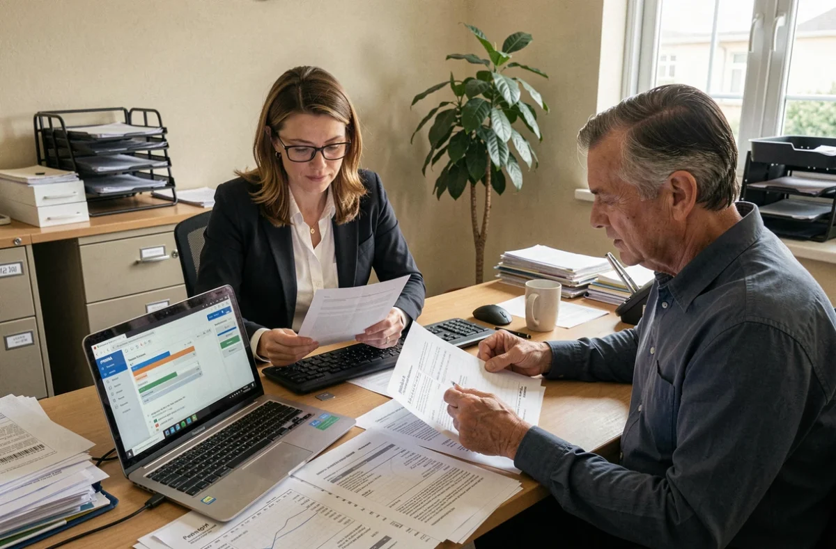 Équipe comptable examinant des rapports d'exports bancaires imprimés et un logiciel de gestion automatisée en réunion de travail