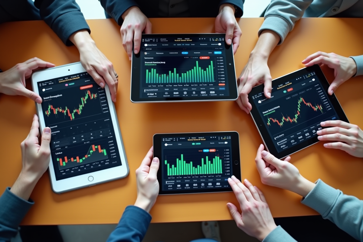 Groupe de personnes utilisant des appareils pour trader en ligne