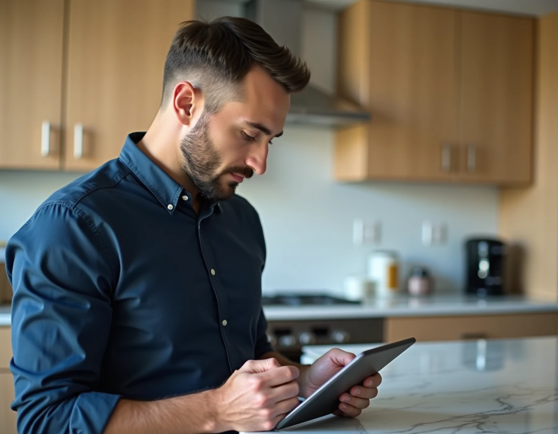 Homme consultant son espace client en ligne sur une tablette dans une cuisine moderne