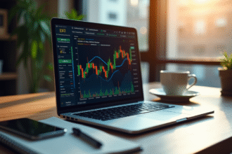 Espace de travail moderne avec ordinateur et graphiques financiers