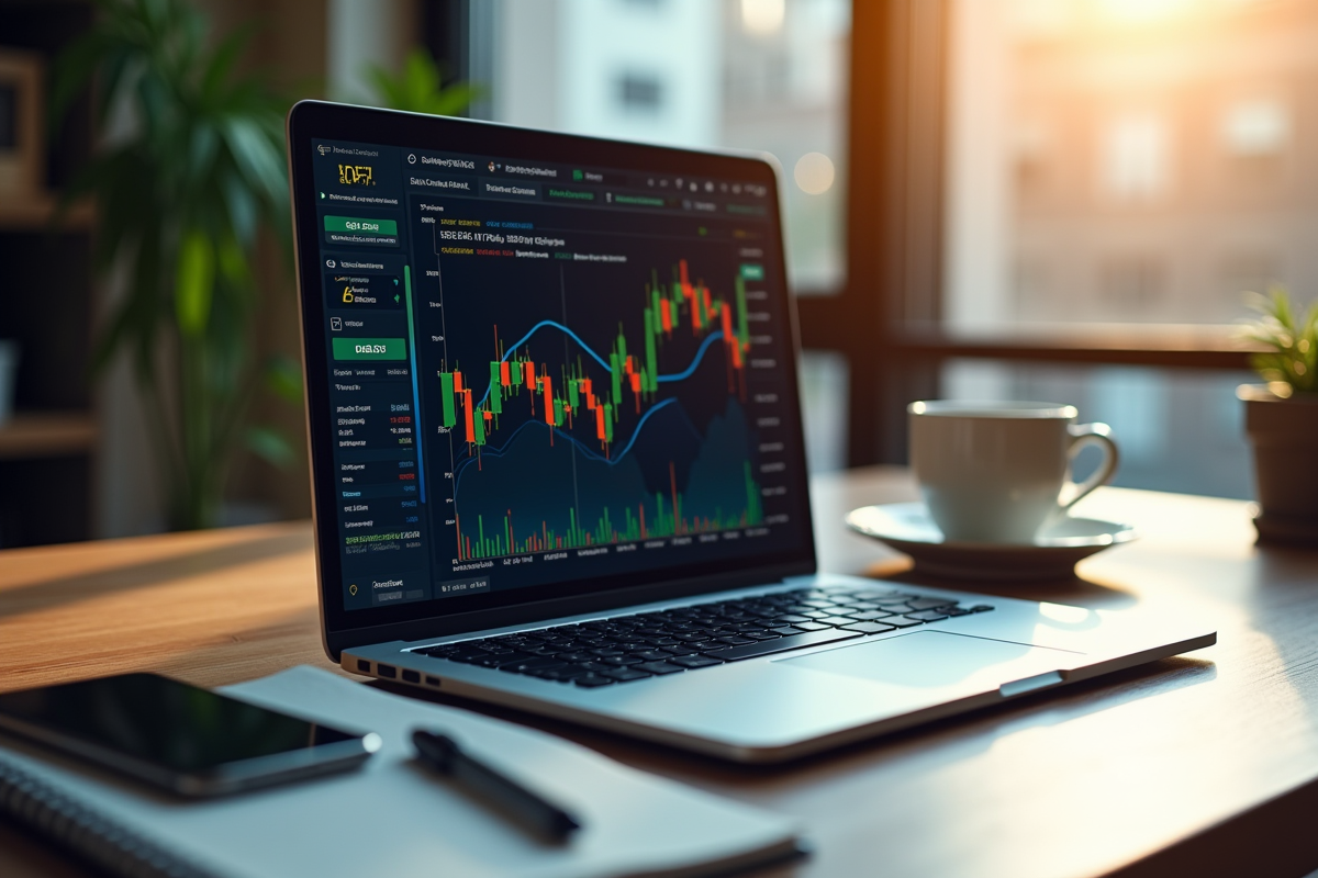 Espace de travail moderne avec ordinateur et graphiques financiers