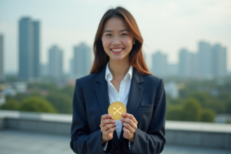 Femme d'affaires tenant un coin XRP sur un rooftop
