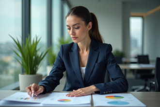Femme d'affaires en costume bleu dans un bureau moderne