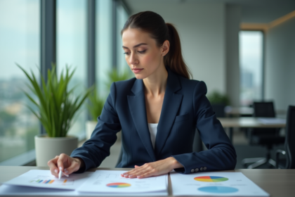Femme d'affaires en costume bleu dans un bureau moderne