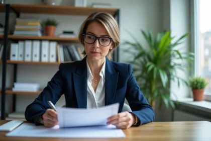 Femme d'affaires en costume lisant des documents bancaires