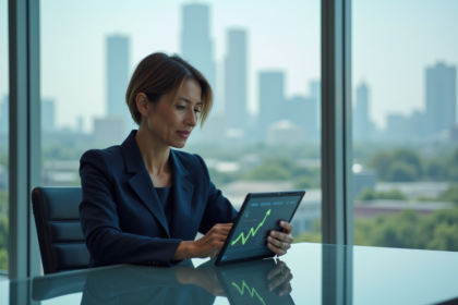 Femme d'affaires en costume analysant des données économiques