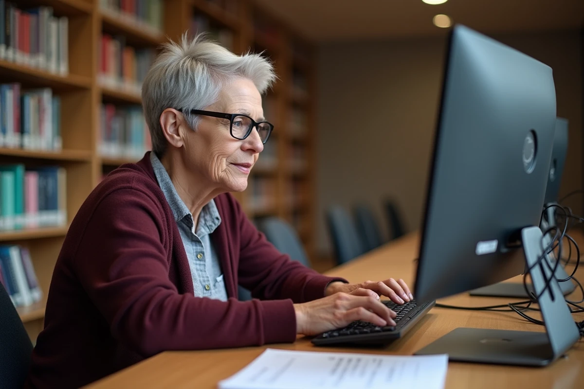 Femme âgée cherchant à retrouver son identifiant de compte en ligne avec l'aide d'un guide imprimé dans une bibliothèque
