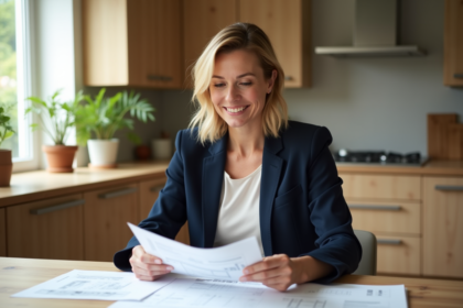 Femme en tenue casual examine plans de renovation maison