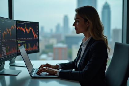 Femme en blazer analysant des graphiques de cryptomonnaies