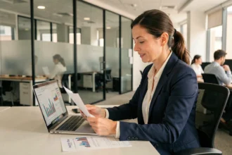 Femme professionnelle analysant des documents financiers relatifs aux rendements de SCPI dans un bureau moderne