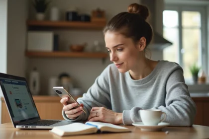 Femme consultant une application de cashback sur son smartphone avec un ordinateur portable affichant un site e-commerce, ambiance domestique naturelle