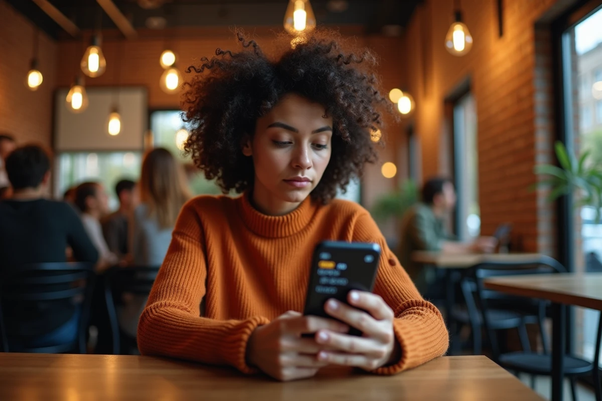 Jeune femme consultant une application de prévision crypto Bitcoin dans un café urbain