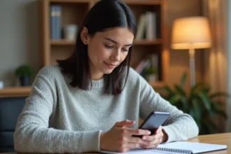 Femme consultant l'application Cyberplus Banque Populaire Rives de Paris sur smartphone depuis son bureau à domicile