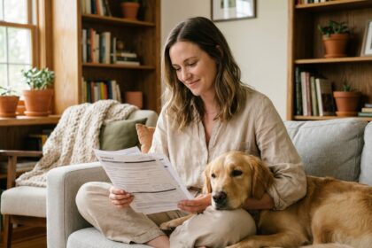 Femme consultant des documents d'assurance animaux avec son golden retriever sur le canapé