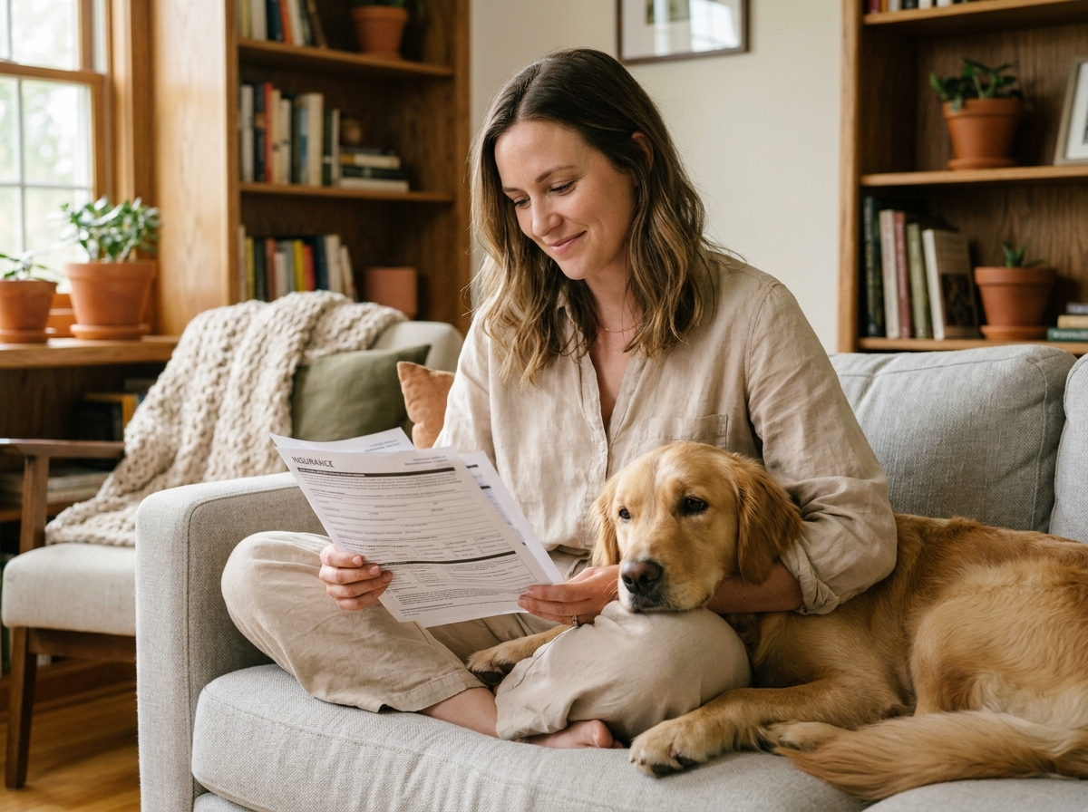 Femme consultant des documents d'assurance animaux avec son golden retriever sur le canapé