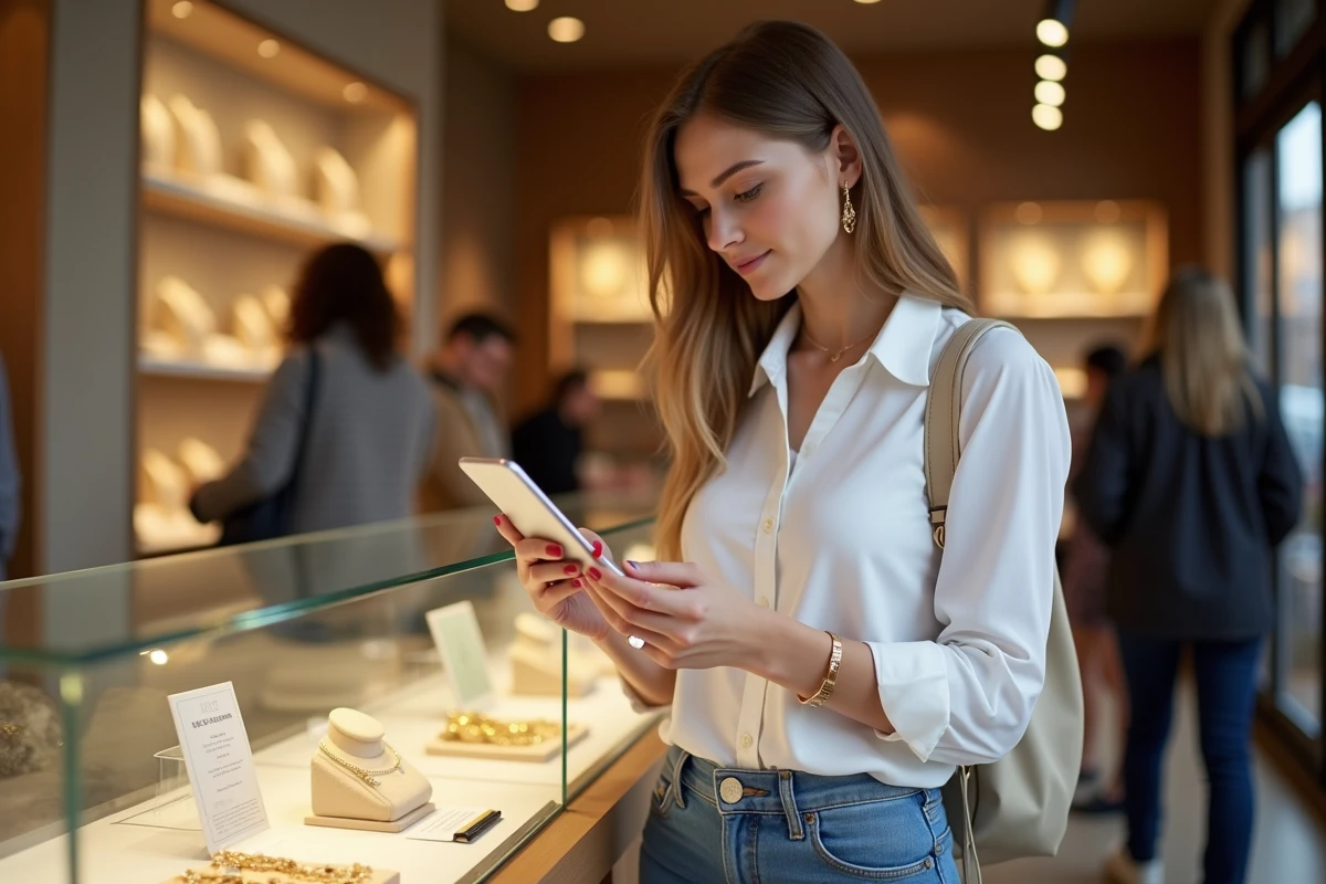 Jeune femme regardant une chaîne en or dans une bijouterie
