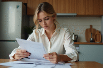 Femme en contemplation devant ses factures dans une cuisine moderne