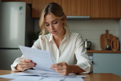 Femme en contemplation devant ses factures dans une cuisine moderne