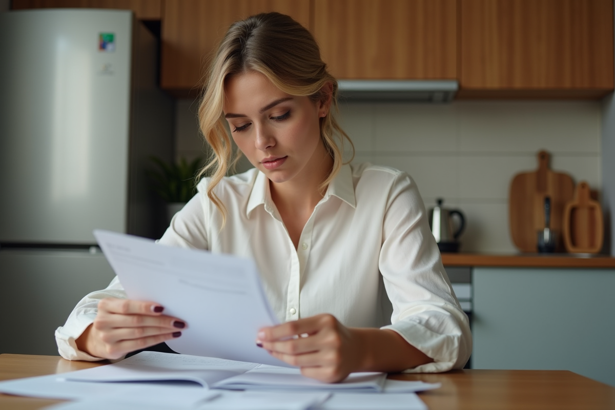 Femme en contemplation devant ses factures dans une cuisine moderne