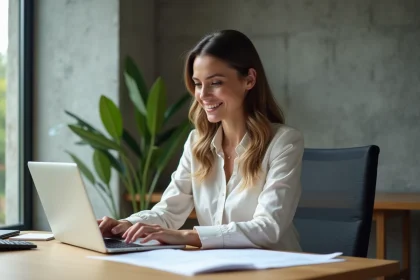 Femme concentrée travaillant à son bureau moderne