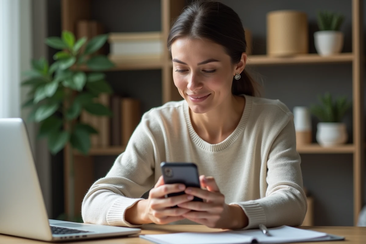 Femme d'âge moyen utilisant son smartphone dans un bureau moderne