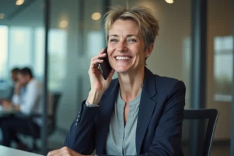 Femme d'âge moyen souriante dans un bureau moderne