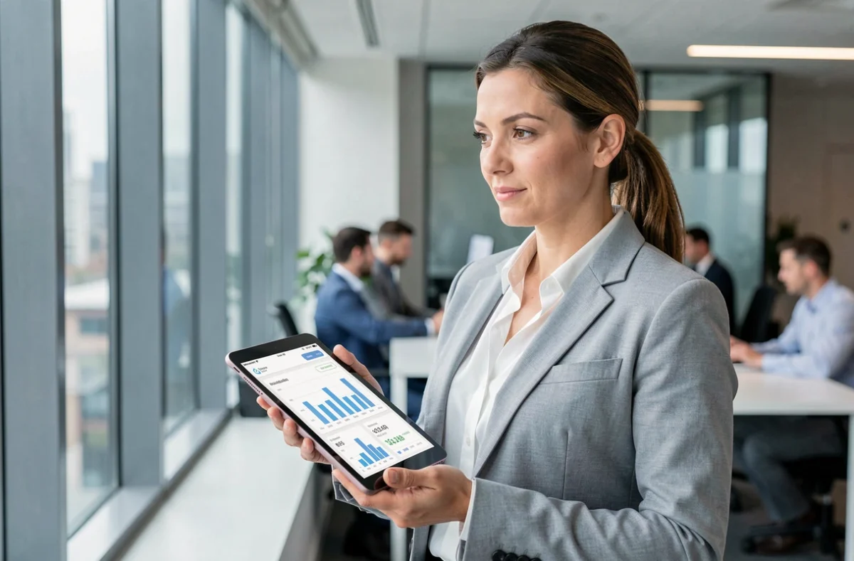 Femme cadre consultant un tableau de bord financier sur tablette dans un bureau d'entreprise