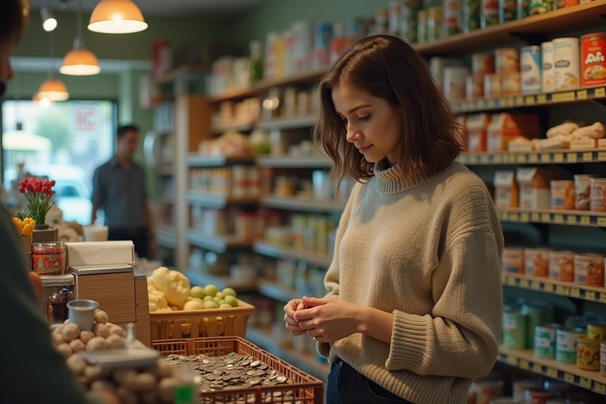 Jeune femme comptant des pièces à la caisse