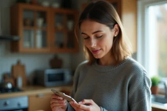 Femme tenant une carte SIM prépayée entre ses doigts dans une cuisine, illustrant la gestion du budget mobile