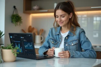 Femme détendue avec ordinateur et café dans la cuisine