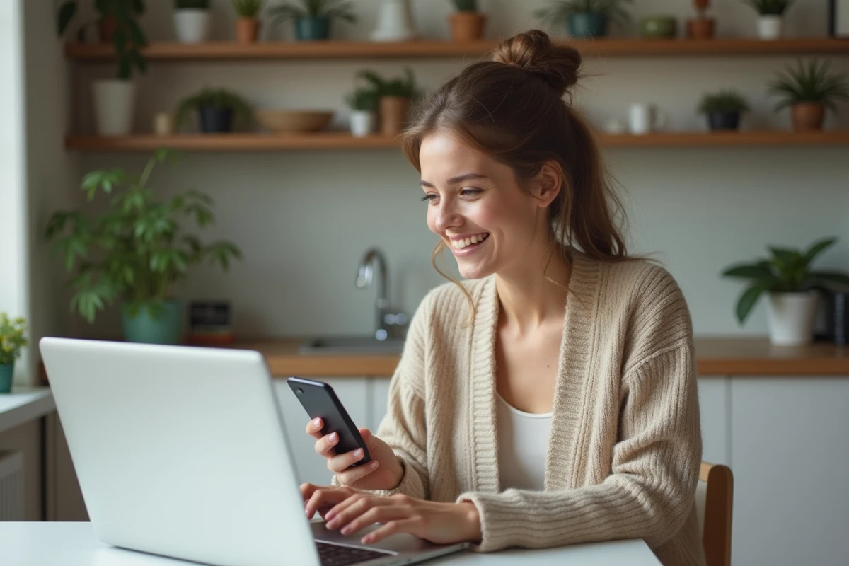 Jeune femme au bureau avec ordinateur et smartphone