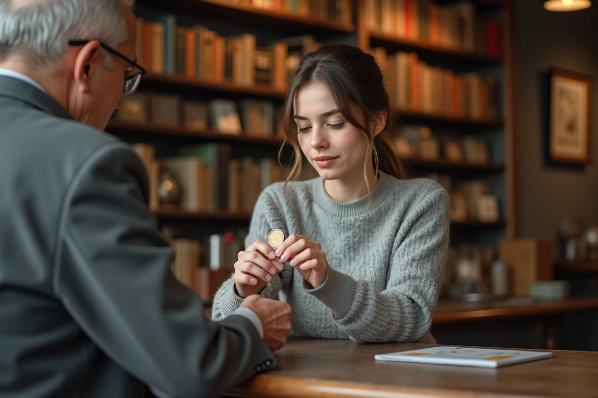 Jeune femme montrant une pièce JO 2026 au vendeur
