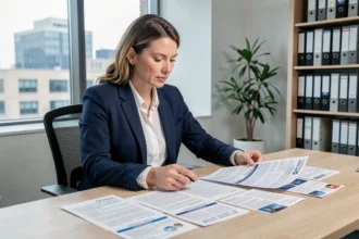 Femme professionnelle comparant des documents d'assurance professionnelle sur son bureau de travail