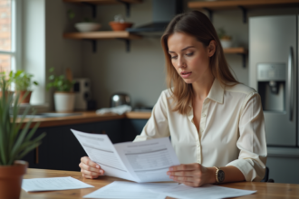 Femme comparant des relevés de crédit dans la cuisine