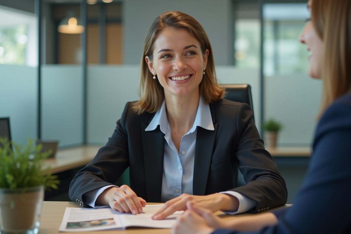 Jeune femme en entretien avec un conseiller bancaire dans un bureau professionnel