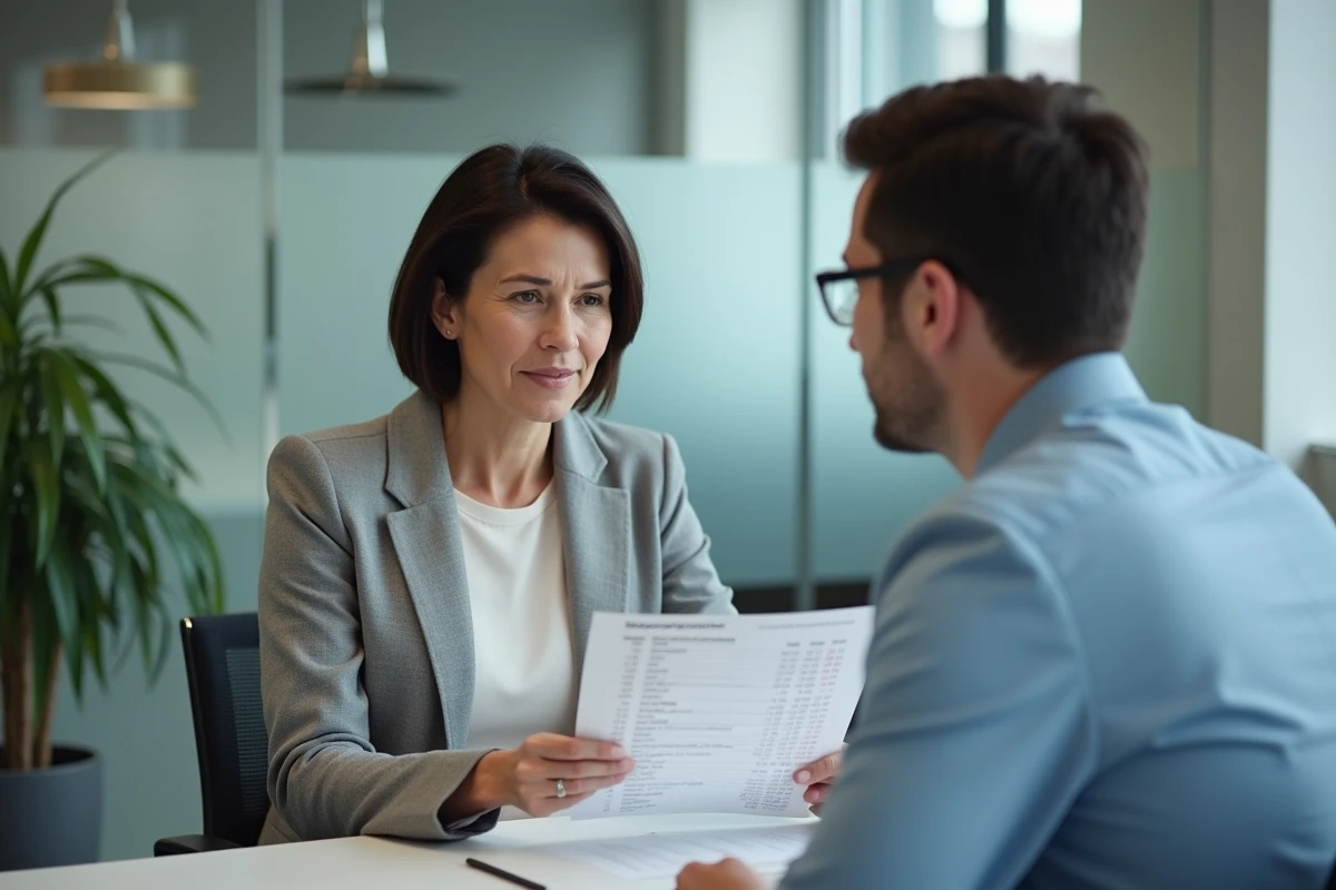 Femme en rendez-vous avec un conseiller financier discutant du montant net perçu après fiscalité sur un contrat d'assurance vie