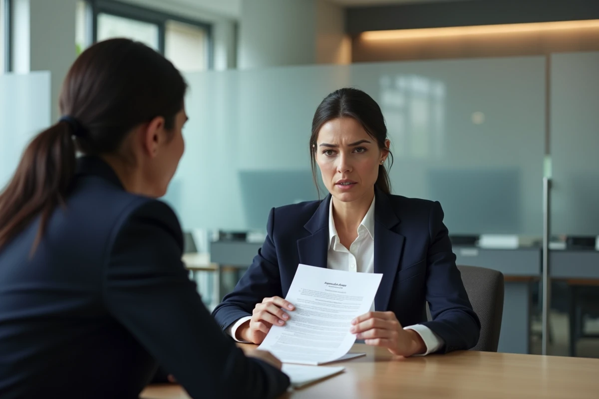 Femme discutant d'un refus de rachat de crédit avec un conseiller bancaire en agence