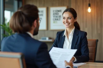 Femme en blazer navy lors d'un rendez-vous bancaire