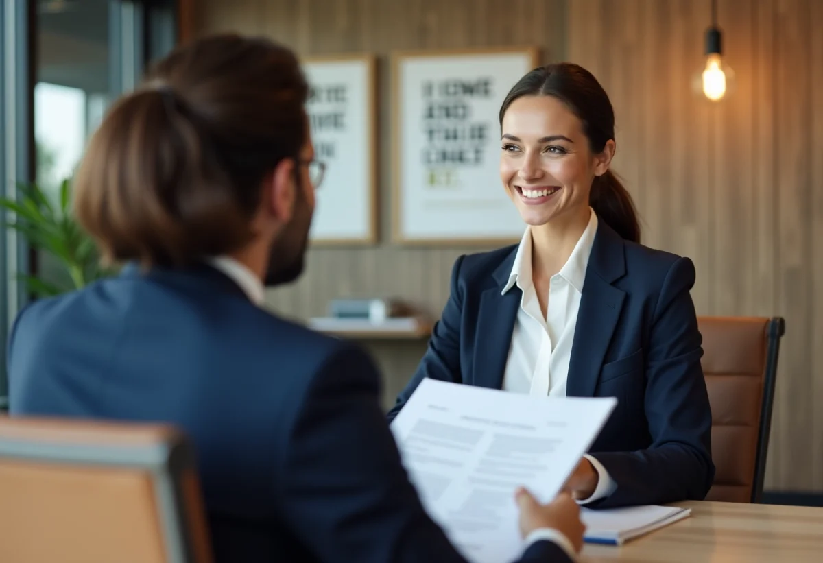 Femme en blazer navy lors d'un rendez-vous bancaire