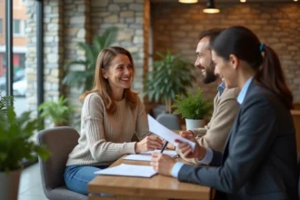 Femme souriante parlant avec conseiller bancaire dans une agence