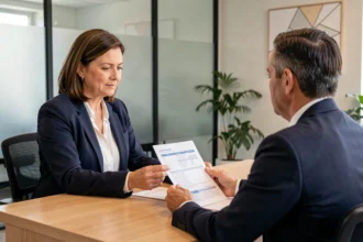 Une femme discute de sa mutuelle santé avec un conseiller dans un bureau professionnel