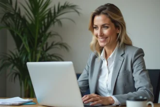 Femme consultant son compte bancaire Banque Populaire sur un ordinateur portable au bureau