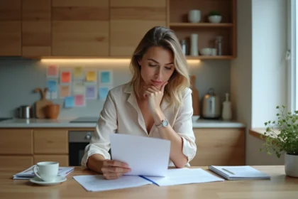 Femme concentrée à étudier un contrat dans une cuisine moderne