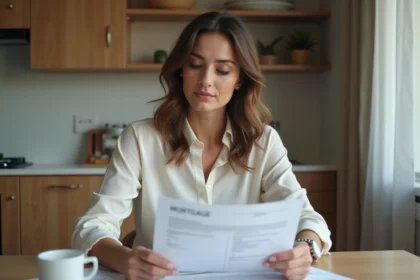 Femme d age moyen examine des documents de prêt immobilier
