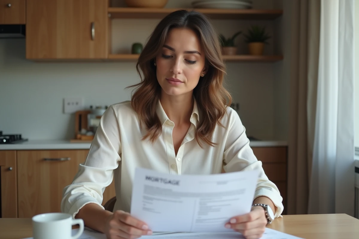 Femme d age moyen examine des documents de prêt immobilier
