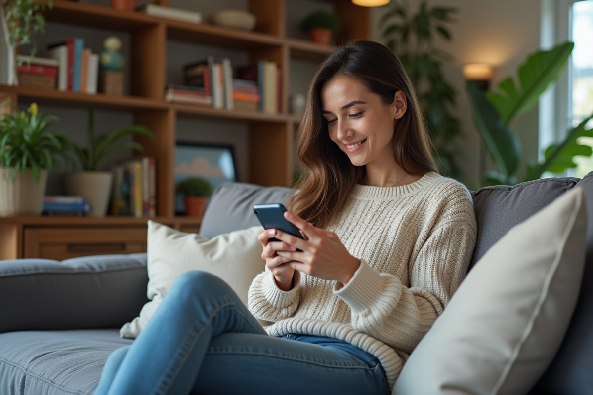 Jeune femme vérifiant son application crypto à la maison